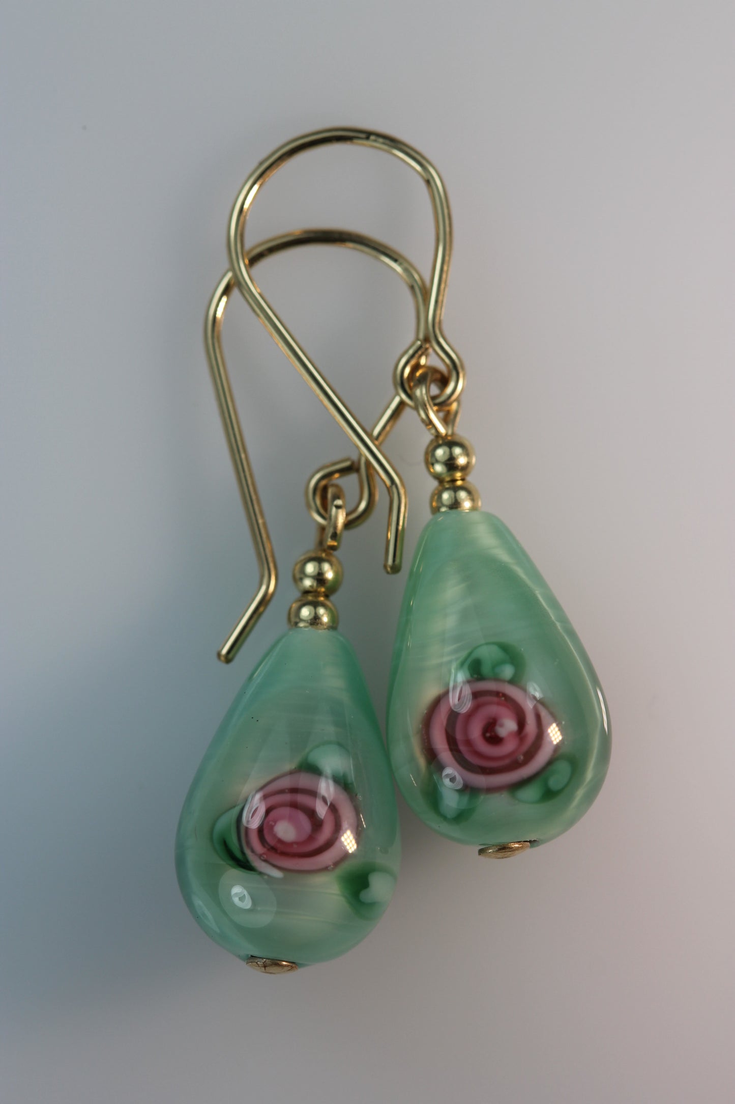 Pale Green Glass Flower TearDrop Earrings