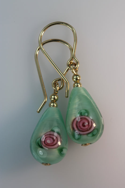 Pale Green Glass Flower TearDrop Earrings