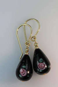 Black Glass Flower TearDrop Earrings