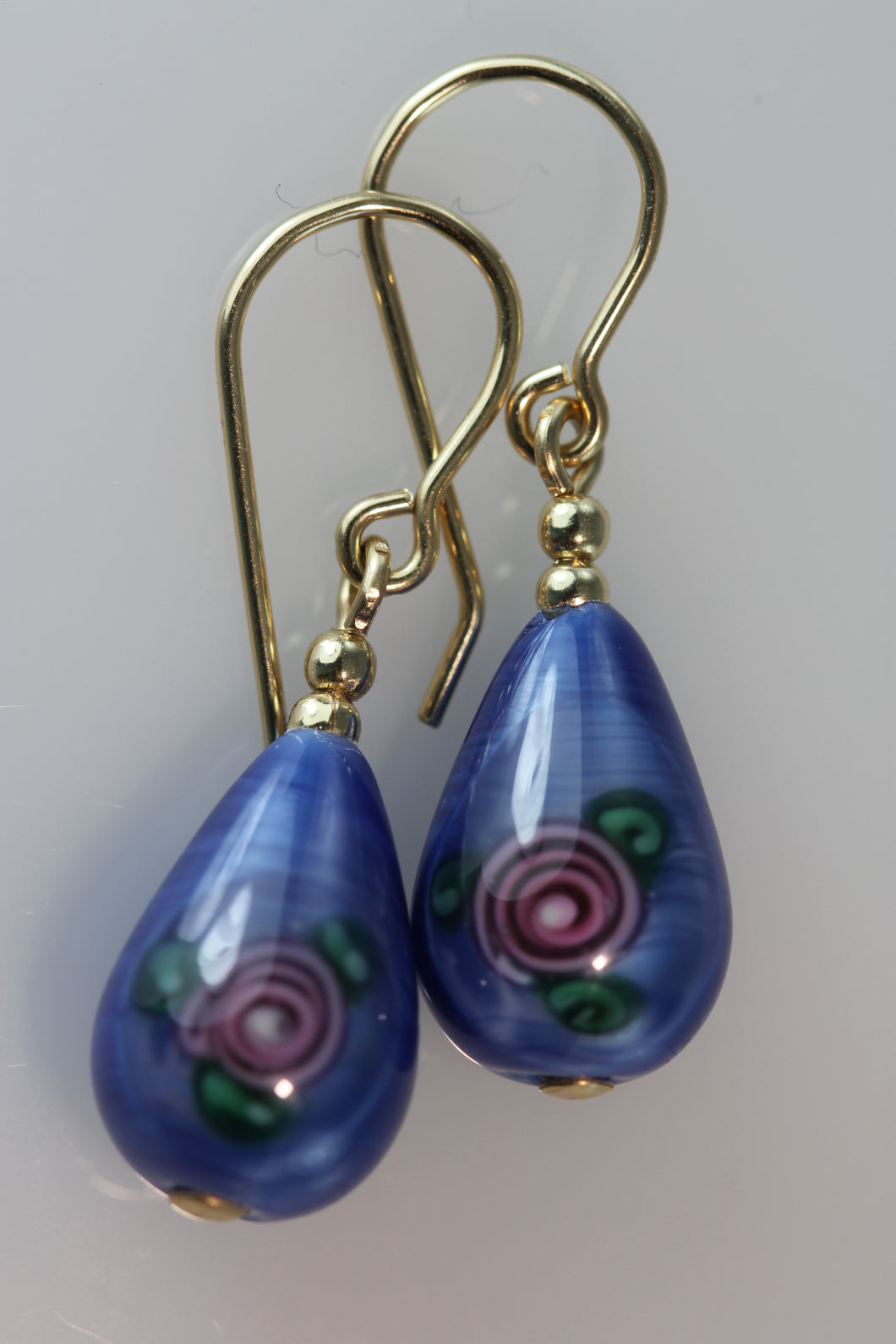 Dark Sapphire Glass Flower TearDrop Earrings