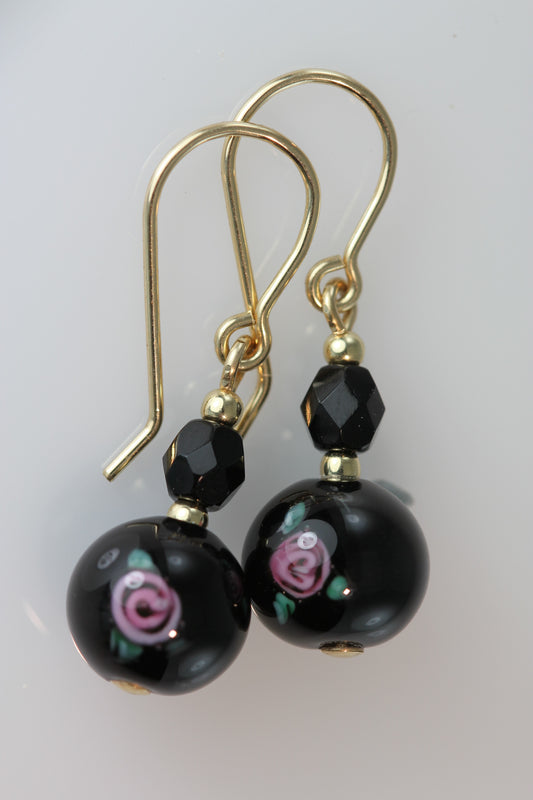 Black 8mm Round Glass Flower Earrings