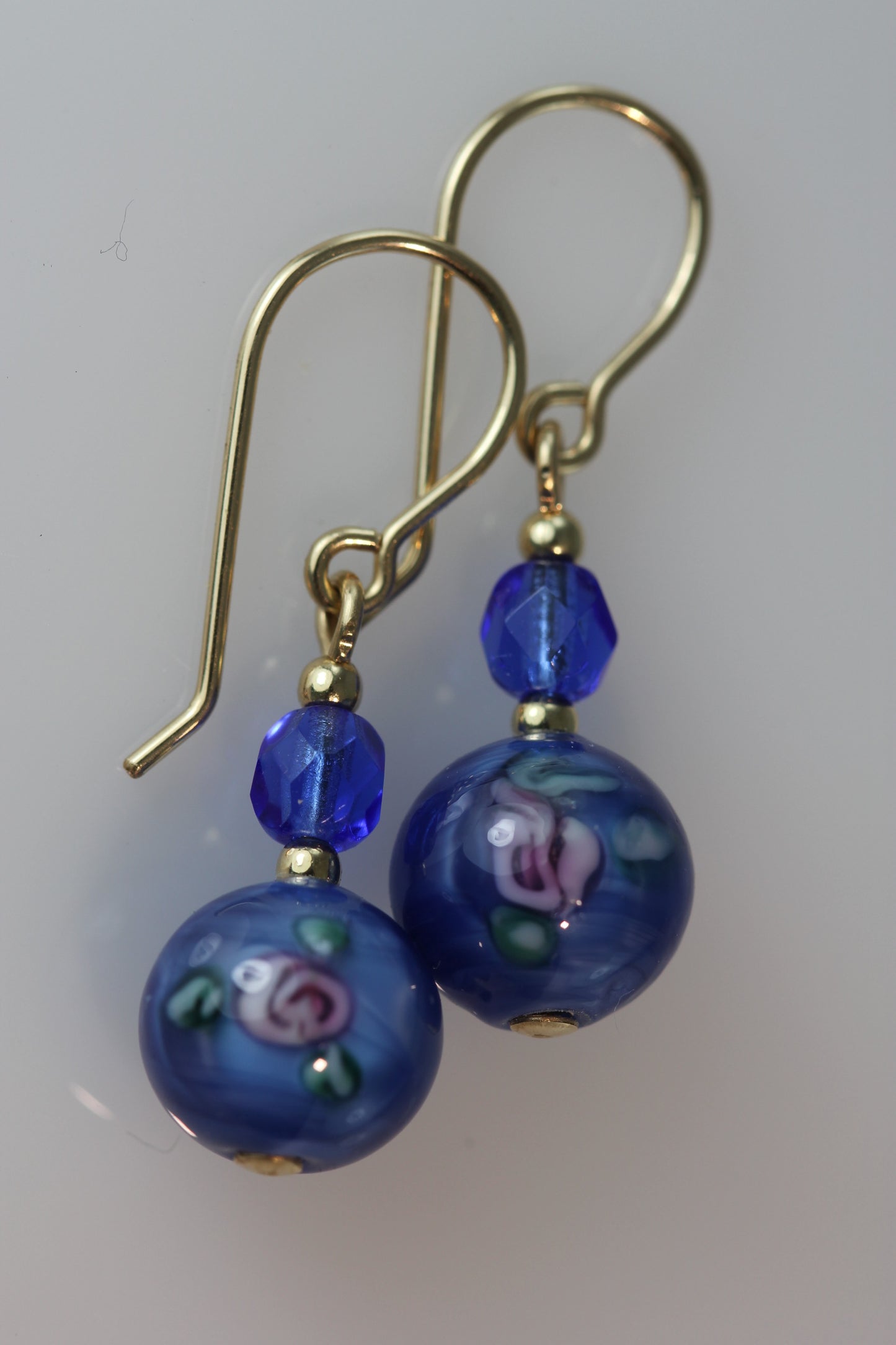 Dark Sapphire 8mm Round Glass Flower Earrings
