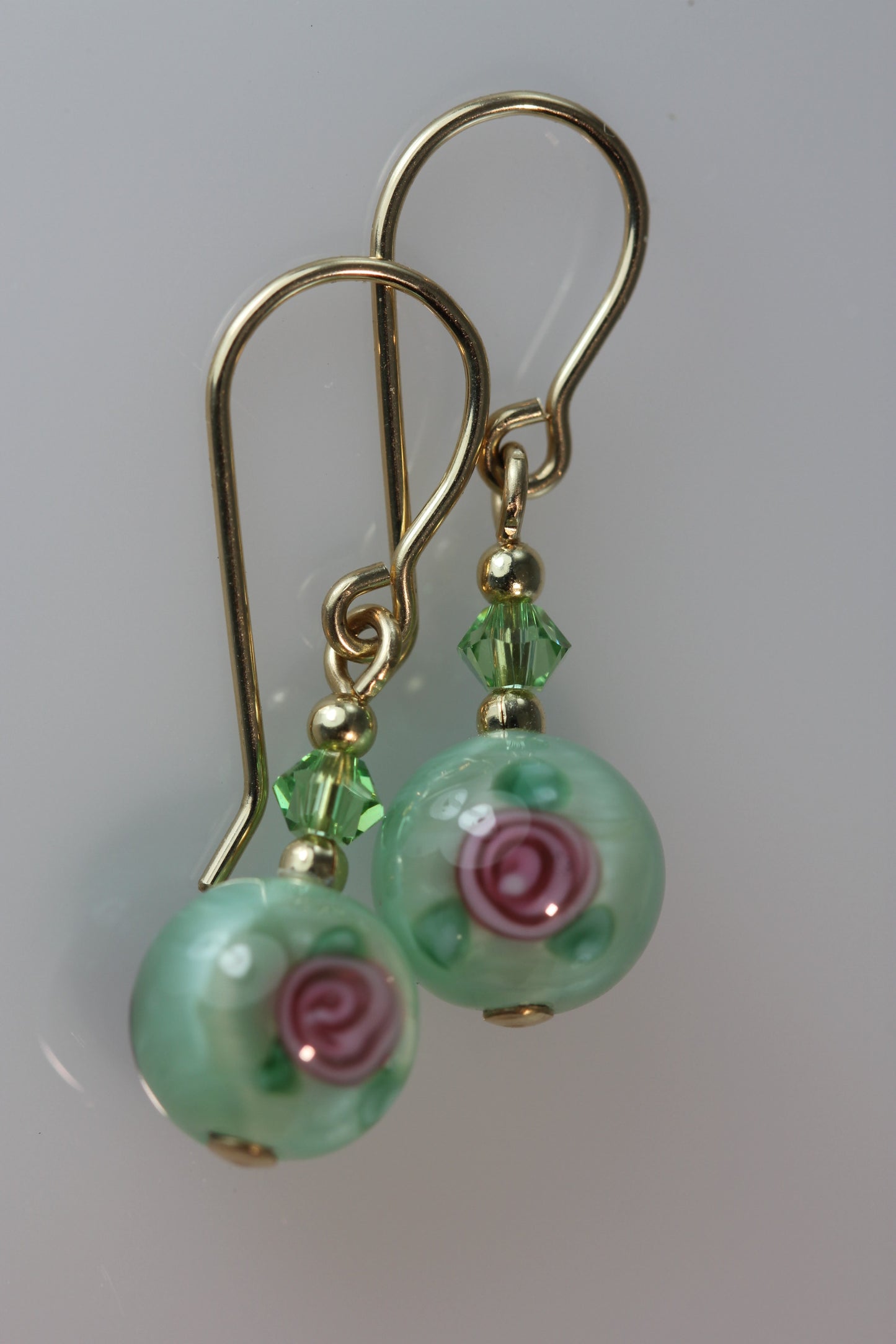 Pale Green 8mm Round Glass Foil Flower Earrings