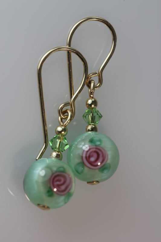 Pale Green 8mm Round Glass Foil Flower Earrings