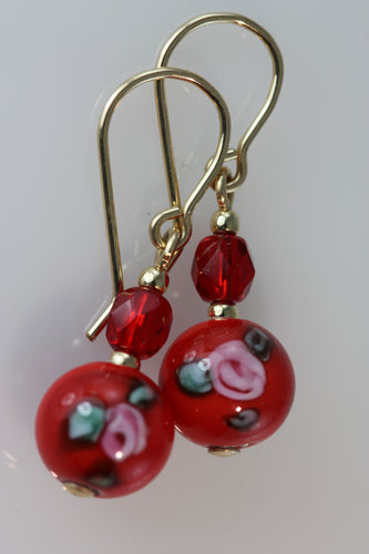 Red 8mm Round Glass Flower Earrings