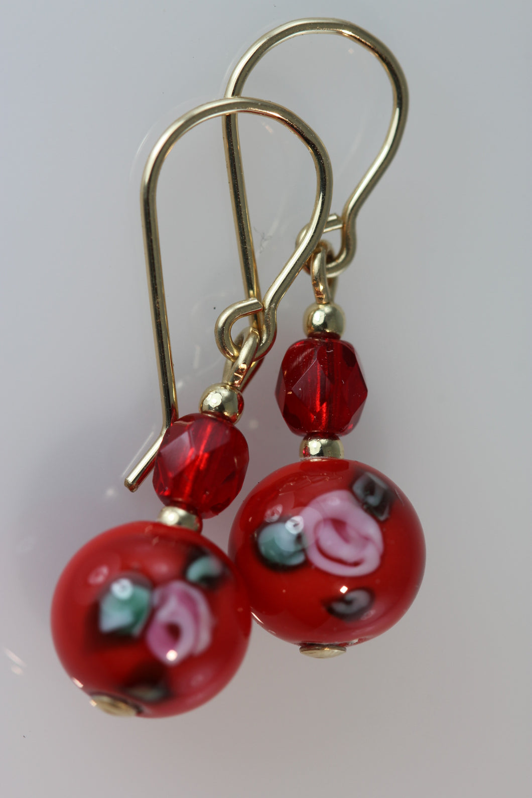 Red 8mm Round Glass Flower Earrings