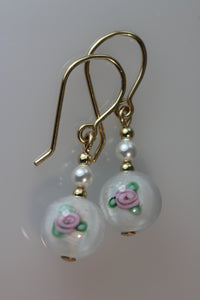 White 8mm Round Glass Flower Earrings