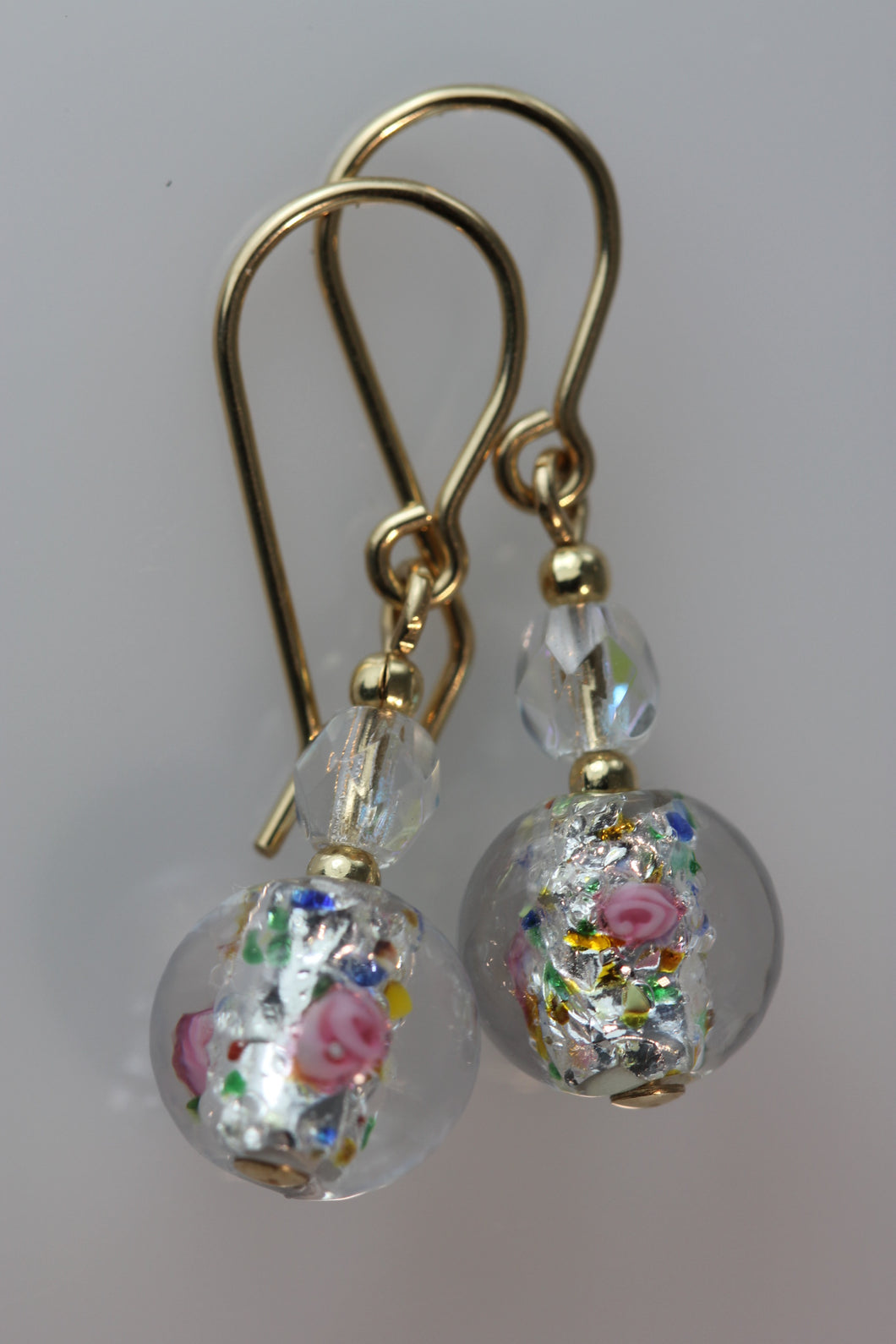 Clear 8mm Round Glass Foil Flower Earrings