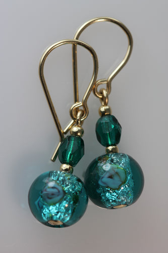 Emerald 8mm Round Glass Foil Flower Earrings