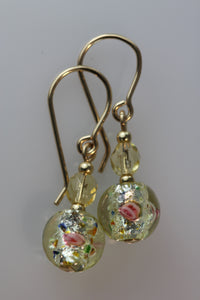 Gold 8mm Round Glass Foil Flower Earrings